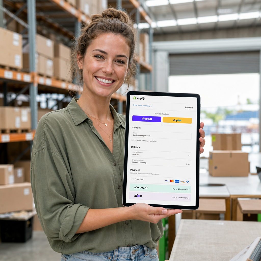 Australian e-commerce merchant in a bright warehouse holding a tablet showing a Shopify checkout screen with Afterpay and Zip payment options visible at checkout, natural warehouse lighting, photorealistic, no text overlays