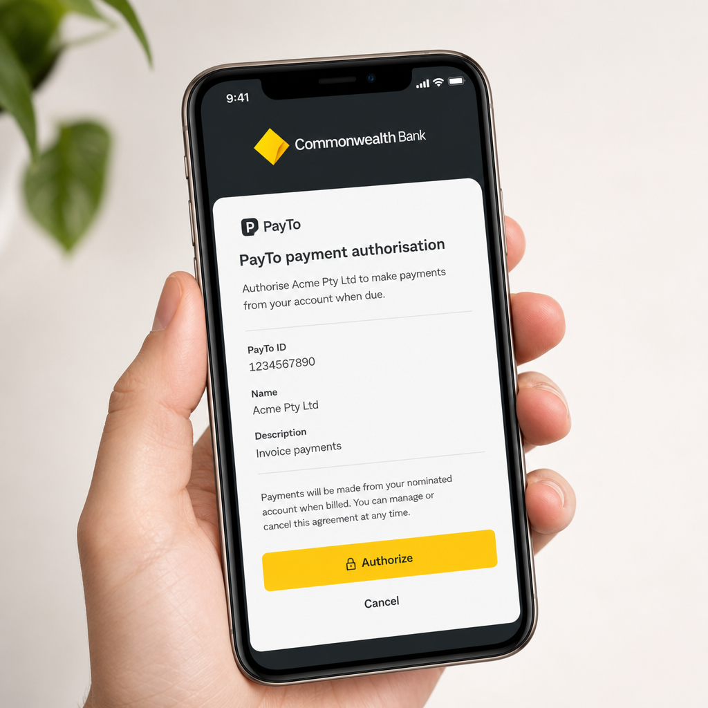 Close-up of an Australian banking app screen showing a PayTo payment authorisation prompt in a modern smartphone, held by a young adult hand, clean minimalist background, photorealistic, no text overlays