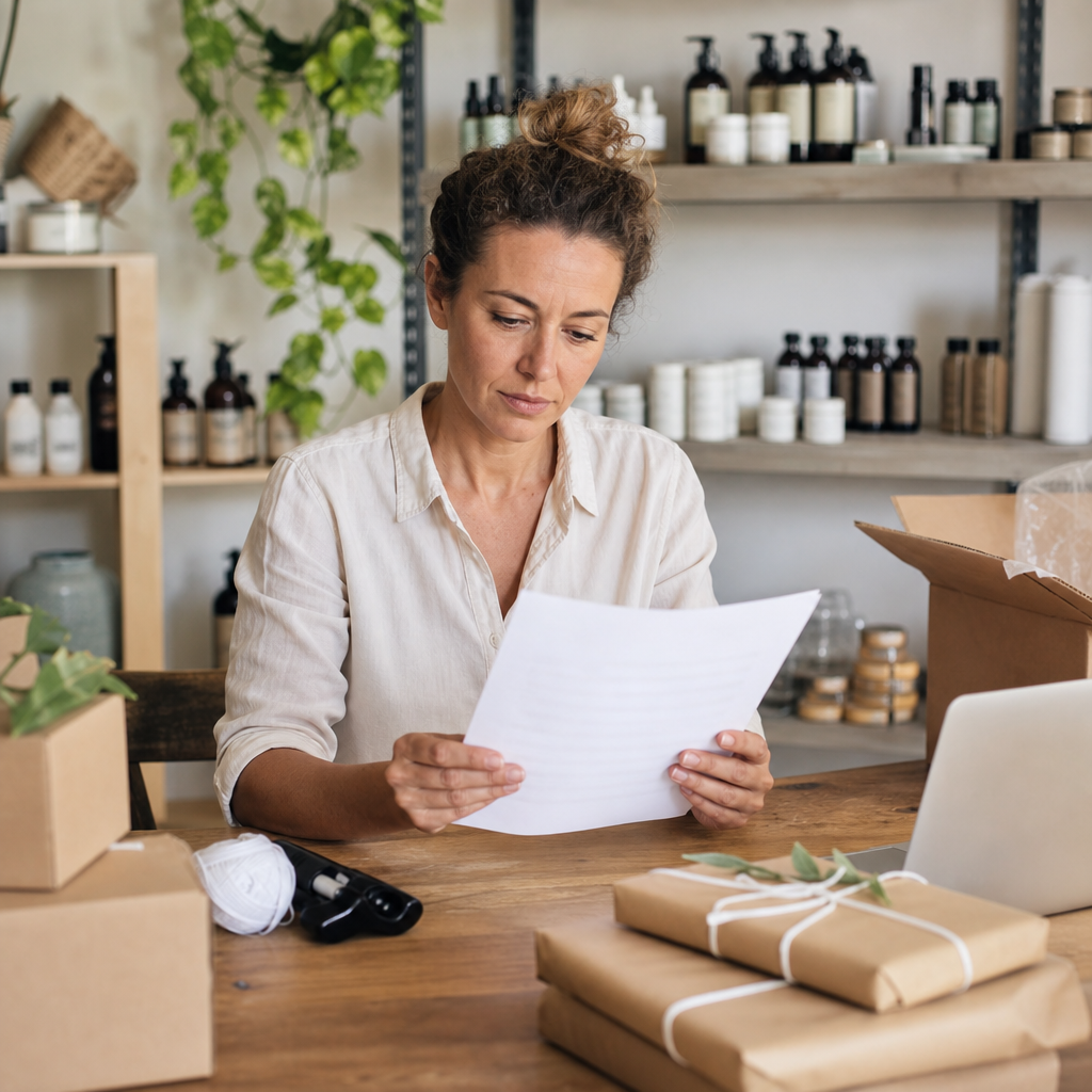 Australian small business owner reviewing a printed returns policy document at a retail desk, surrounded by packaged products ready for shipping, warm natural lighting, photorealistic, no text