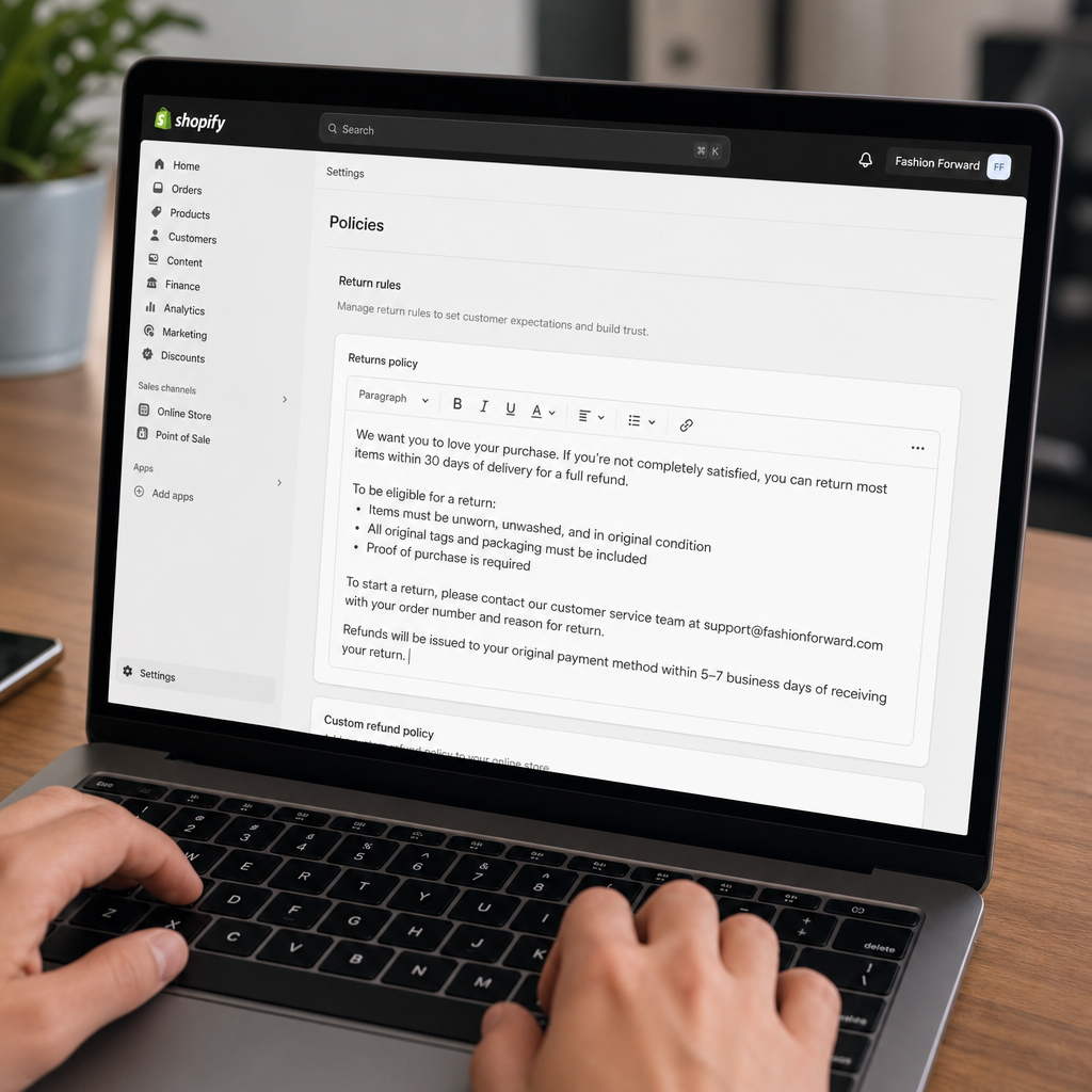 Close-up of a laptop screen showing a Shopify admin Settings and Policies page with a returns policy text field being filled in, hands on keyboard, realistic office setting, no text overlays
