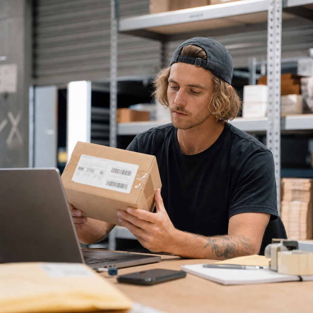 Australian electronics dropshipper at a warehouse desk inspecting a product box with overseas shipping labels, laptop open beside them, practical industrial lighting, photorealistic, no text