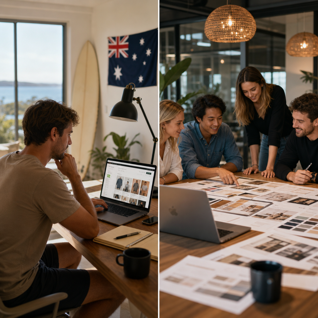 Split-screen illustration showing an Australian entrepreneur at a home desk building a Shopify store DIY on a laptop versus a professional agency team collaborating around a table with design mockups, modern office setting, warm lighting, photorealistic, no text