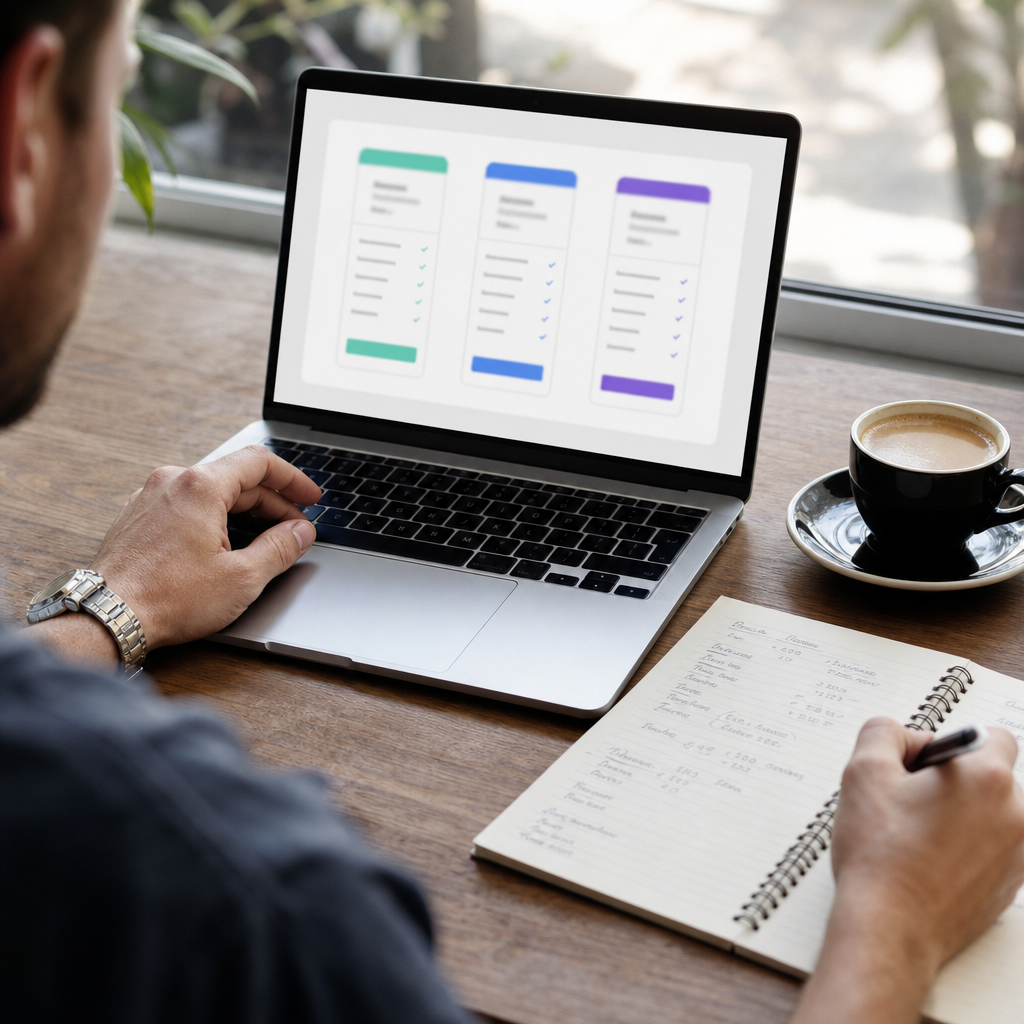Close-up of an Australian business owner comparing Shopify pricing plans on a laptop screen, notebook with AUD cost calculations open beside it, coffee on the desk, natural window light, photorealistic, no text