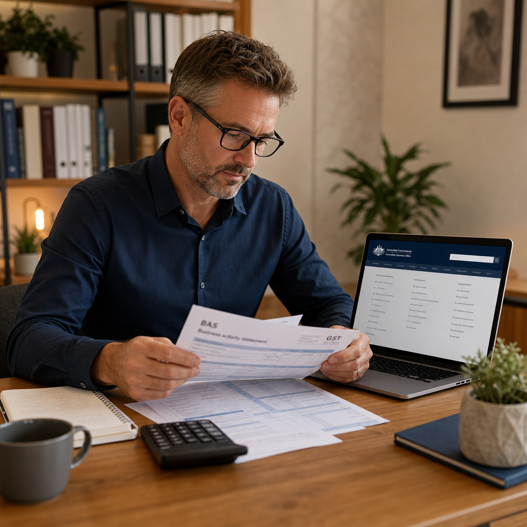 Australian accountant or business owner reviewing GST and BAS documents at a desk with a laptop showing ATO website, professional home office setting, clean and organised, warm lighting, photorealistic, no text
