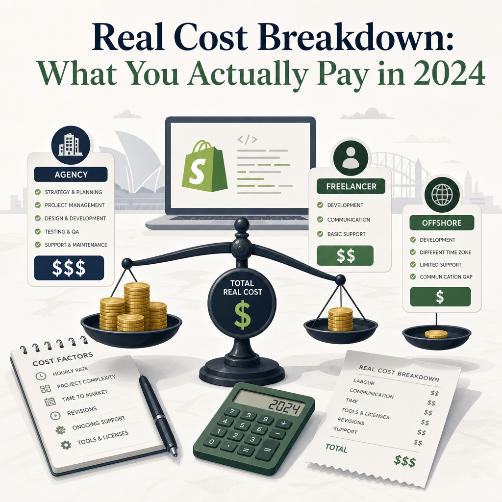 Editorial illustration for the section 'Real Cost Breakdown: What You Actually Pay in 2024' in an article about Hire Shopify Developer Australia: Agency vs Freelancer vs Offshore