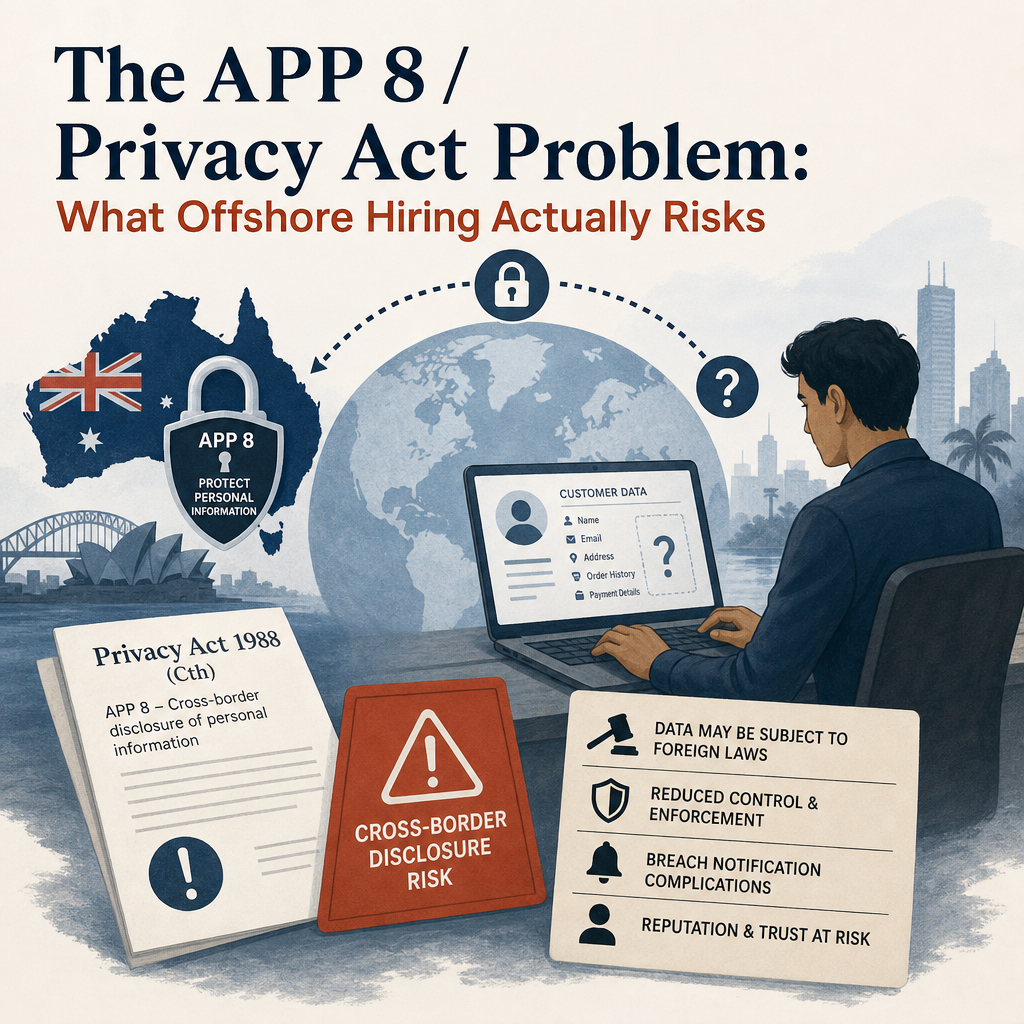 Editorial illustration for the section 'The APP 8 / Privacy Act Problem: What Offshore Hiring Actually Risks' in an article about Hire Shopify Developer Australia: Agency vs Freelancer vs Offshore