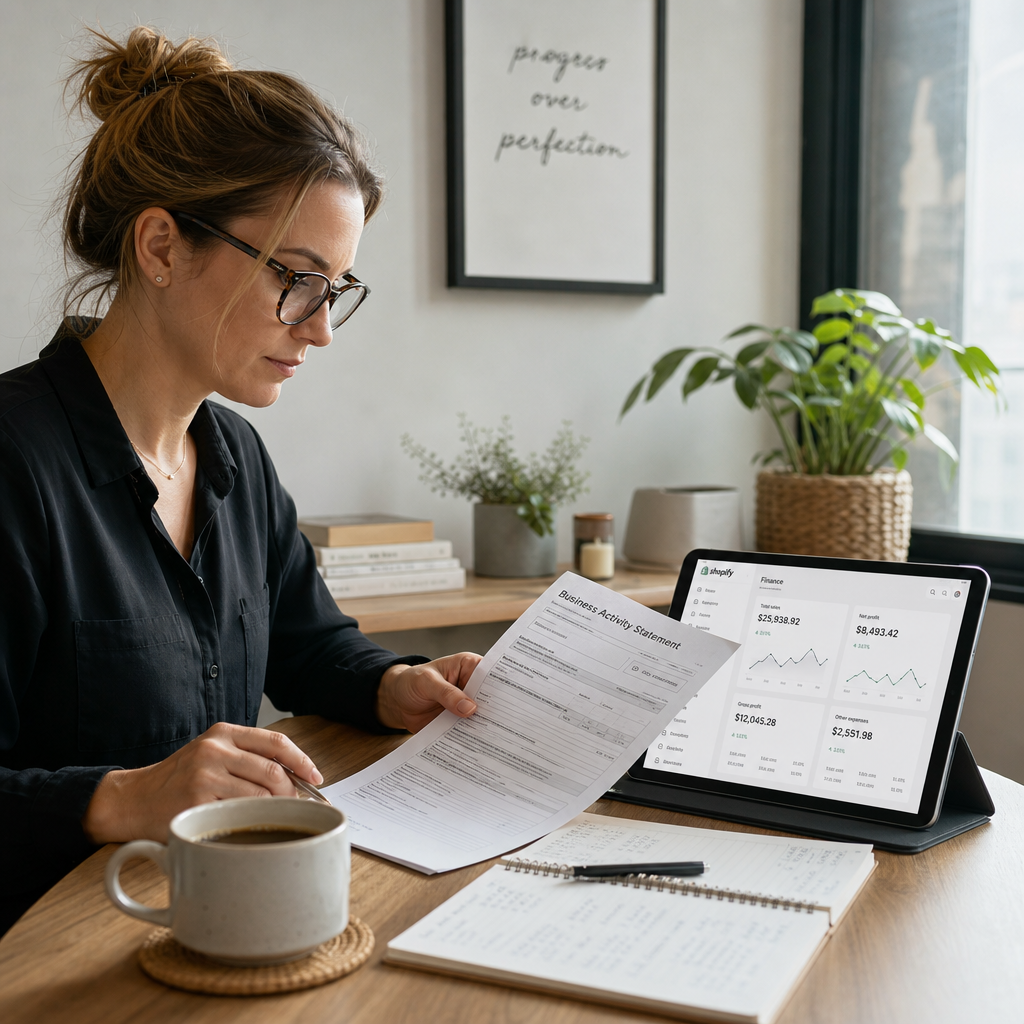 Australian small business owner reviewing a Business Activity Statement paper document next to a tablet showing Shopify finance reports, coffee on desk, natural office lighting, photorealistic