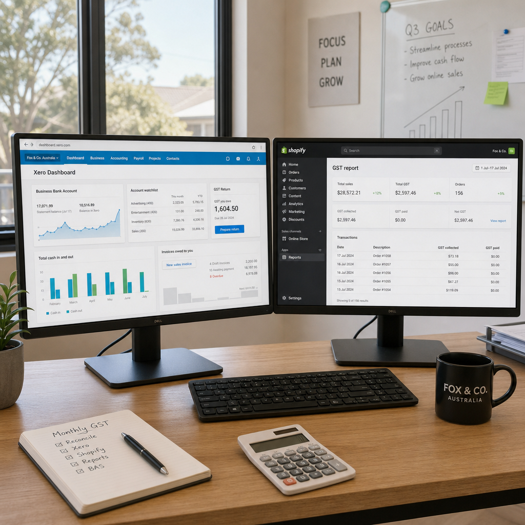 Side-by-side view of Xero accounting dashboard and Shopify admin on a dual monitor setup in a modern Australian small business office, GST reports visible on both screens, photorealistic